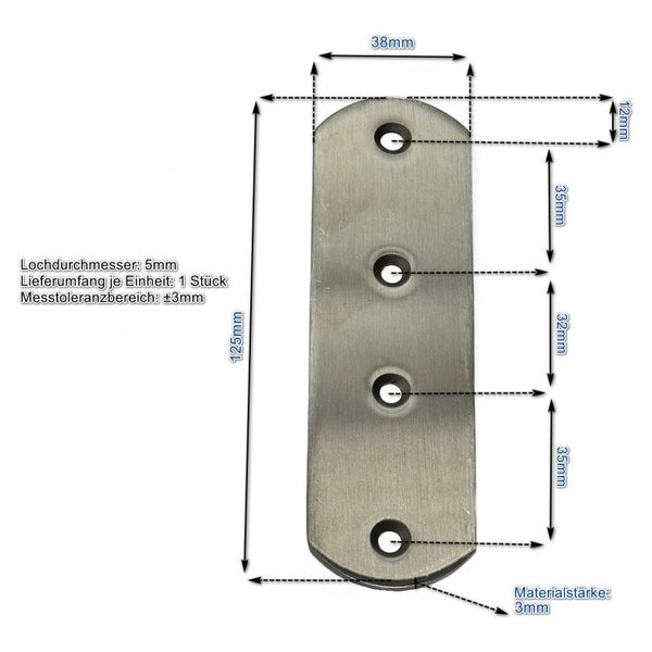 Flachverbinder aus Metall mit vier Bohrlöchern, Abmessungen 125 mal 38 Millimeter, Materialstärke 3 Millimeter, Lochdurchmesser 5 Millimeter.