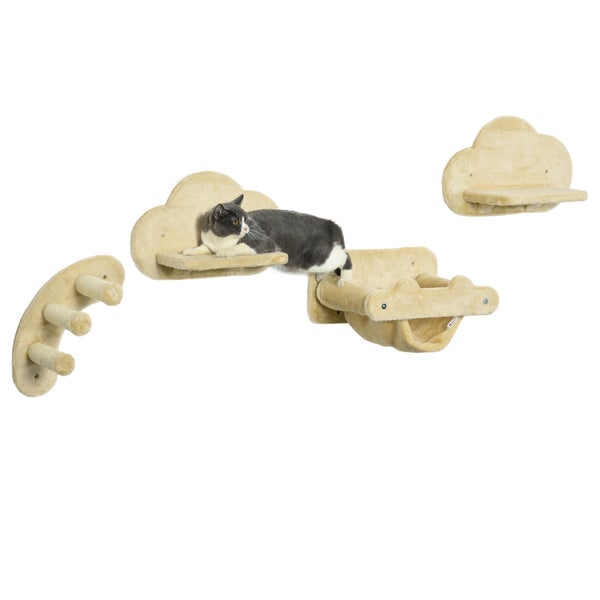 PawHut Kletterwand Katzen 4 TLG., Klettern Katzenkratzbaum inkl. Kaztentreppe, Hängematte, Sprungplatt, Wandkratzbaum, Wand Katzenmöbel für Katzen bis 5 kg, Plüsch, Beige