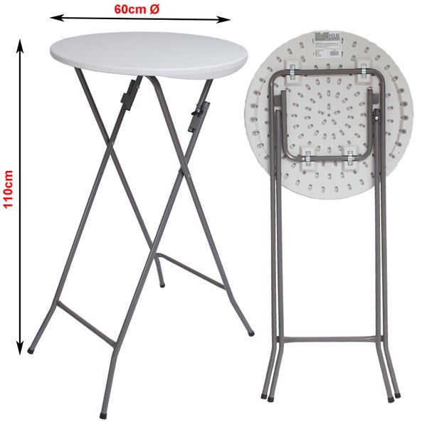 Klappbarer Stehtisch mit 60 Zentimeter Durchmesser und 110 Zentimeter Höhe mit Metallgestell und Kunststofftischplatte