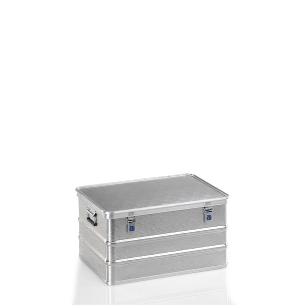 Transportbox aus Aluminium mit Deckel und zwei Verschlussriegeln.