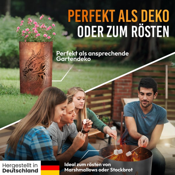 Gruppe von Freunden am Lagerfeuer mit Pflanzgefäß als Gartendekoration