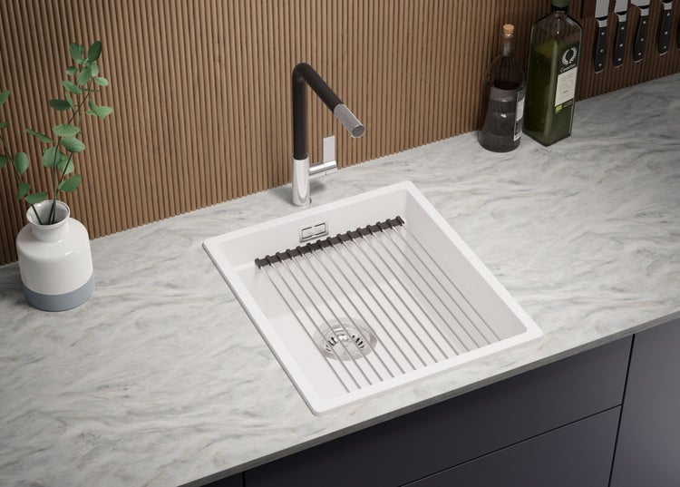 PRIMAGRAN Spülbecken Weiß 41x47cm, Granitspüle 1 Becken + Ablauf-Set + Aufrollbare Abtropffläche, Küchenspüle ab 45er Unterschrank - Praga Slim