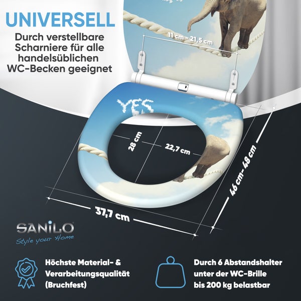 Sanilo Logo. WC-Sitz mit Elefanten-Motiv, Maße 37,7 mal 46 bis 48 Zentimeter, belastbar bis 200 Kilogramm, bruchfest, universell passend.