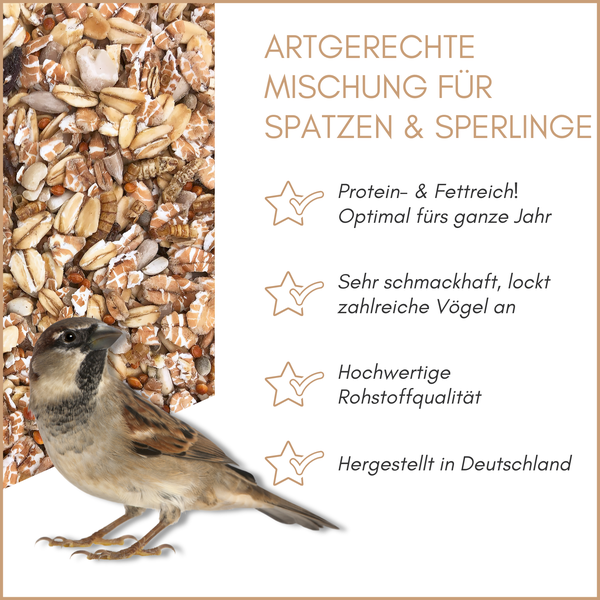 Artgerechte Futtermischung für Spatzen und Sperlinge mit einem Spatz