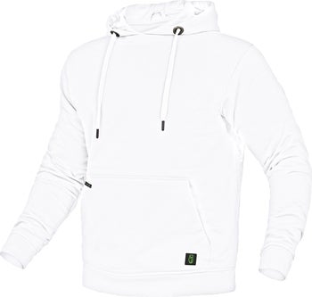 Weißer Kapuzenpullover mit Kordelzug an der Kapuze, Kängurutasche und elastischen Bündchen.
