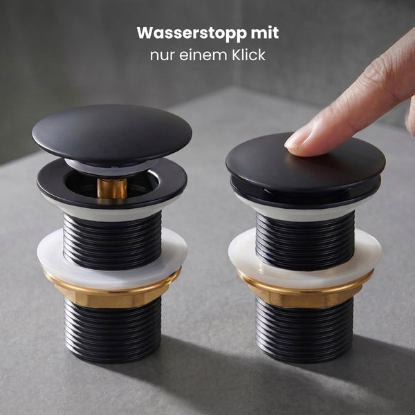 Ablaufgarnitur für Waschbecken in Schwarz, Wasserstopp durch einfachen Fingerdruck auf das Ventil.