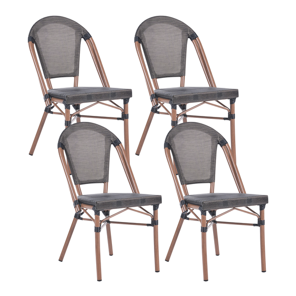 Set aus vier Bistrostühlen mit Aluminiumgestell in Holzoptik und dunklem Kunststoffgeflecht an Sitzfläche und Rückenlehne.