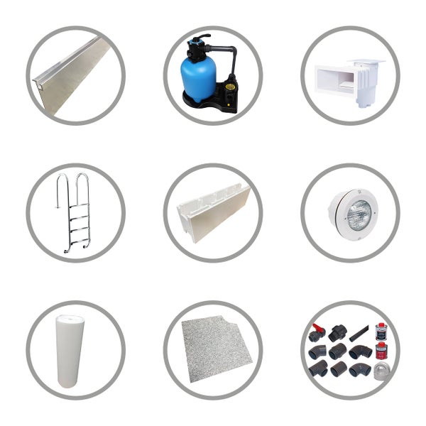 Zusammenstellung von Poolzubehör wie Sandfilteranlage, Edelstahlleiter, Skimmer, Unterwasserbeleuchtung, Poolvlies und Montagematerial.