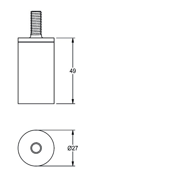 Maßzeichnung eines zylindrischen Türstoppers mit Gewindebolzen, Höhe 49 Millimeter, Durchmesser 27 Millimeter.