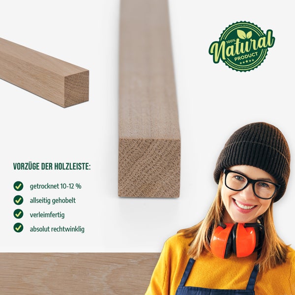 Holzleiste, gehobelt und getrocknet, mit Frau und Naturprodukt Siegel