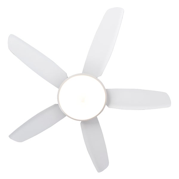 Deckenventilator mit fünf Flügeln und integrierter runder Leuchte.