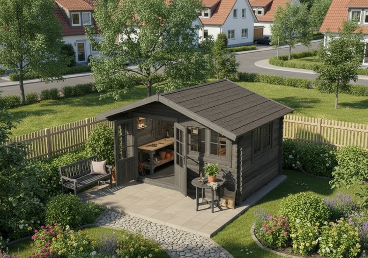 Gartenhaus mit Werkbank, Bank und Tisch in gepflegtem Garten