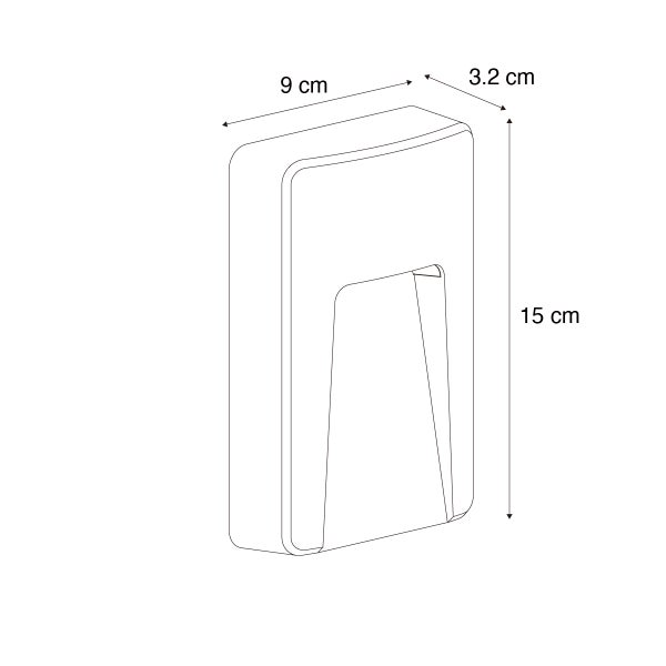 Außenwandleuchte mit Maßen: Höhe 15 Zentimeter, Breite 9 Zentimeter, Tiefe 3,2 Zentimeter.