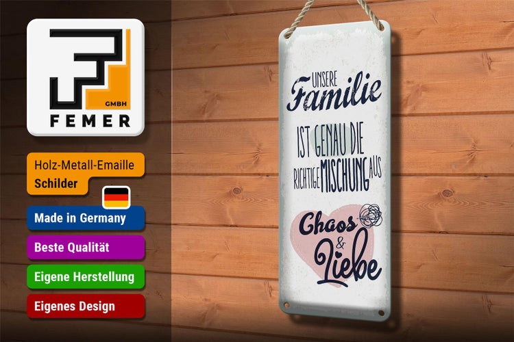 Blechschild Spruch Unsere Familie Chaos Liebe Herz 10x27cm
