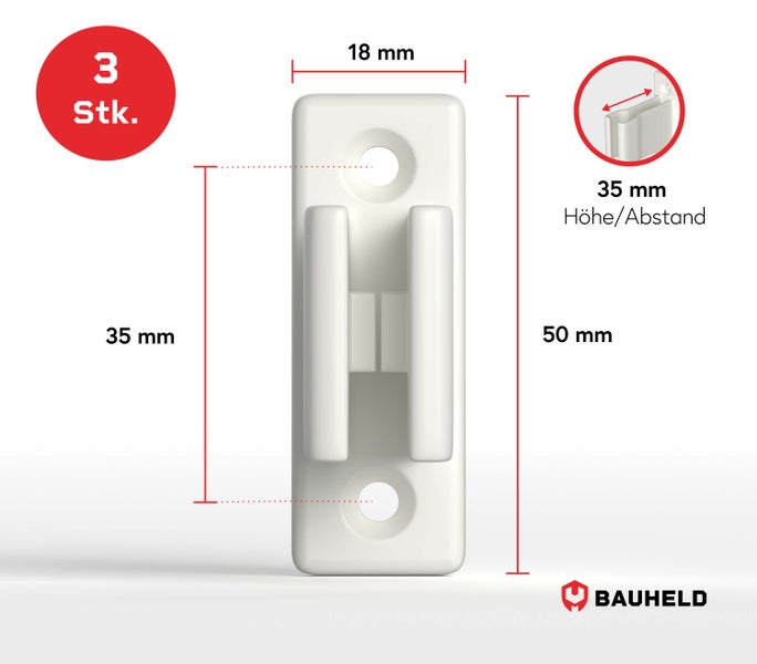 Abbildung eines Kabelclips mit den Maßen 50 mal 18 Millimeter im 3er Pack