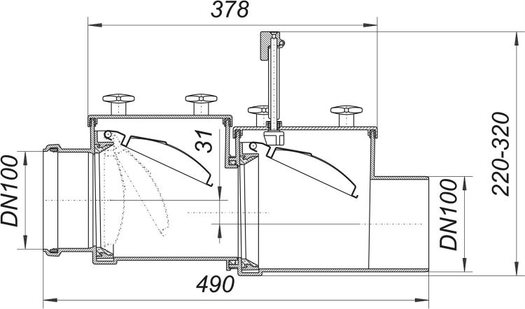 Technische Zeichnung eines Rückstauverschlusses für Rohrleitungen mit Nenndurchmesser 100 Millimeter und verschiedenen Maßen.