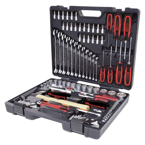 Geöffneter Werkzeugkoffer mit diversen Werkzeugen wie Schraubenschlüssel, Schraubendreher, Hammer und Bits.