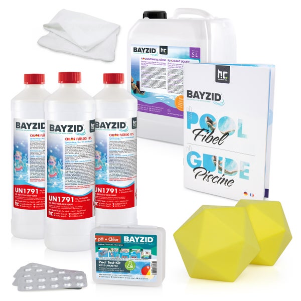 Set mit Schwimmbadpflegeprodukten, einschließlich Chlor, Flockungsmittel, Testkit, Reinigungstüchern und Ratgeber