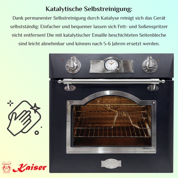 Kaiser Einbaubackofen mit katalytischer Selbstreinigung und nostalgischem Design.