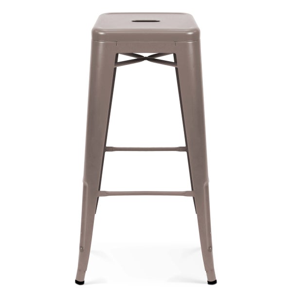 Barhocker aus Metall in Taupe mit quadratischer Sitzfläche und integrierter Fußstütze.