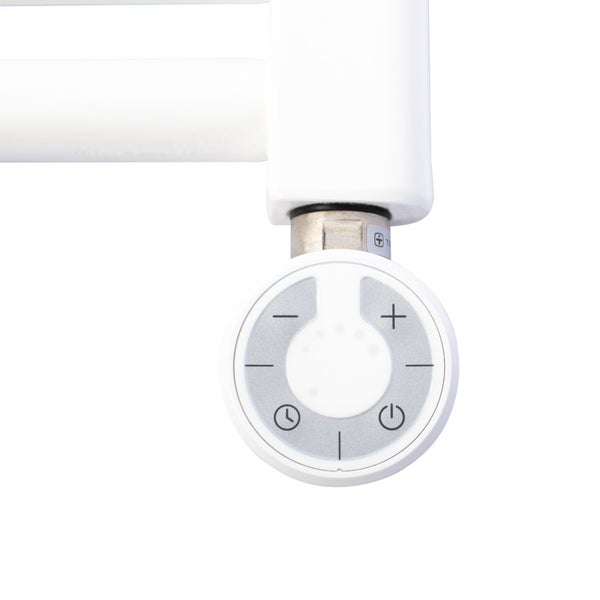Rundes weißes Bedienelement für Heizkörper mit Tasten für Temperatur plus und minus, Timer und Ein- und Ausschaltfunktion.