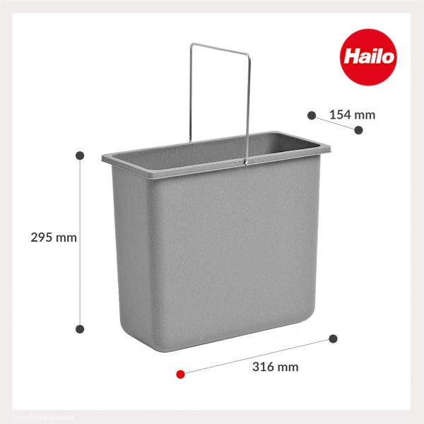 Hailo Mülleimer aus grauem Kunststoff mit Henkel, Maße 295 Millimeter hoch, 316 Millimeter breit und 154 Millimeter tief. Hailo Logo.