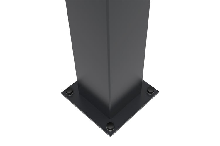 Quadratischer Pfostenträger in Anthrazit mit Montageplatte und Abdeckkappen für Schrauben.