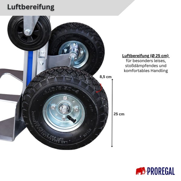Sackkarre mit Luftbereifung, Durchmesser 25 Zentimeter, Breite 8,5 Zentimeter, für leises und stoßdämpfendes Handling, Proregal Logo.