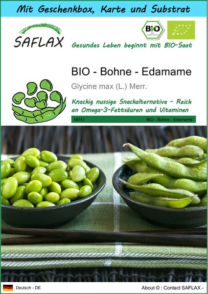 SAFLAX Geschenk Set - BIO - Bohne - Edamame - Glycine max (L.) Merr. - 8 Samen - Mit Geschenkbox, Versandaufkleber, Geschenkkarte und Anzuchtsubstrat