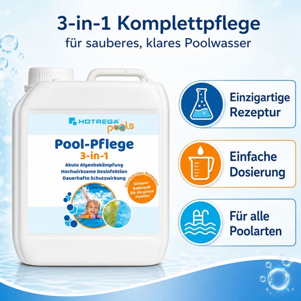 Hotrega Pools 3 in 1 Poolpflege Kanister zur Algenbekämpfung, Desinfektion und Schutzwirkung für sauberes und klares Poolwasser.