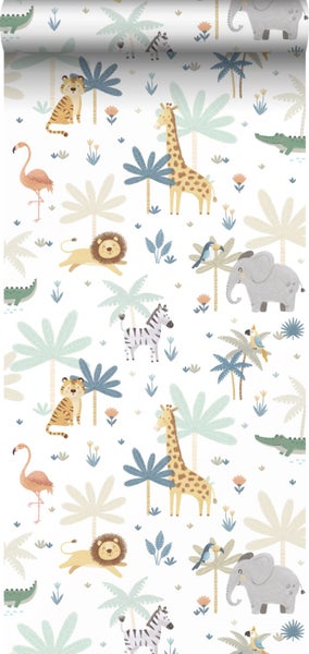 Kindertapete mit Safari-Tieren wie Giraffen, Elefanten, Löwen und Zebras sowie Palmen im Comic-Stil.