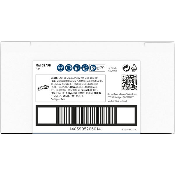 Verpackungsaufdruck mit Informationen zu Werkzeugaufnahme und Kompatibilitätsliste