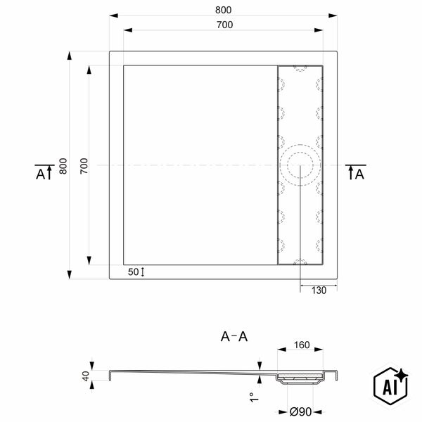 Technische Zeichnung einer quadratischen Duschwanne mit den Maßen 800 mal 800 Millimeter und einer Ablauföffnung von 90 Millimetern Durchmesser.