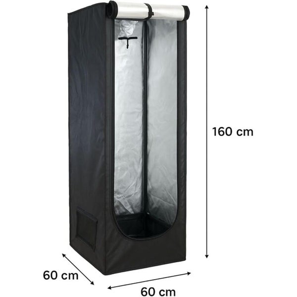 Schwarzes Growzelt mit reflektierender Innenbeschichtung, Maße 60 mal 60 mal 160 Zentimeter.