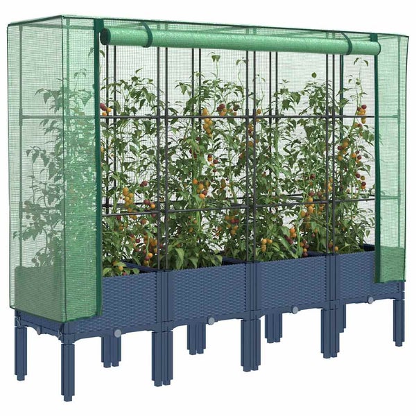 Hochbeet aus Kunststoff mit Foliengewächshaus und integrierter Rankhilfe für Tomaten.