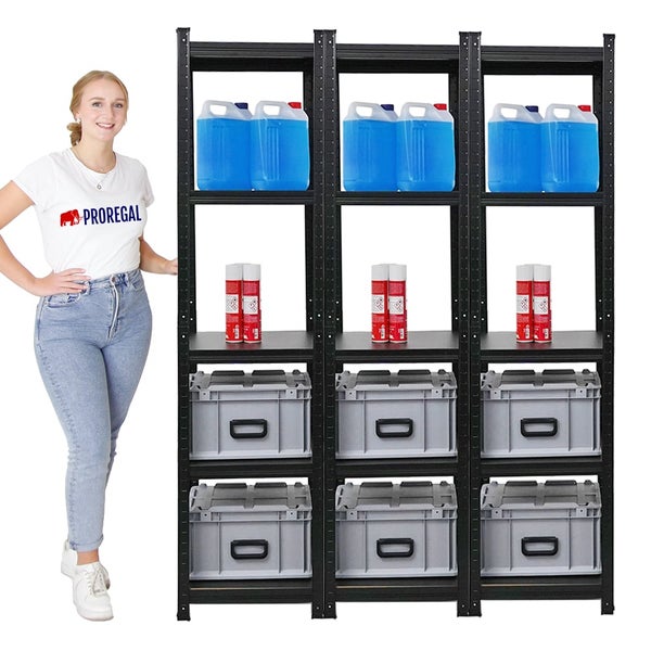 PROREGAL Mega Deal 3 x All Black Series Schwerlastregal Ragnar HxBxT 180 x 45 x 45 cm Fachlast 100 kg Matt Schwarz Kellerregal Steckregal Garagenregal