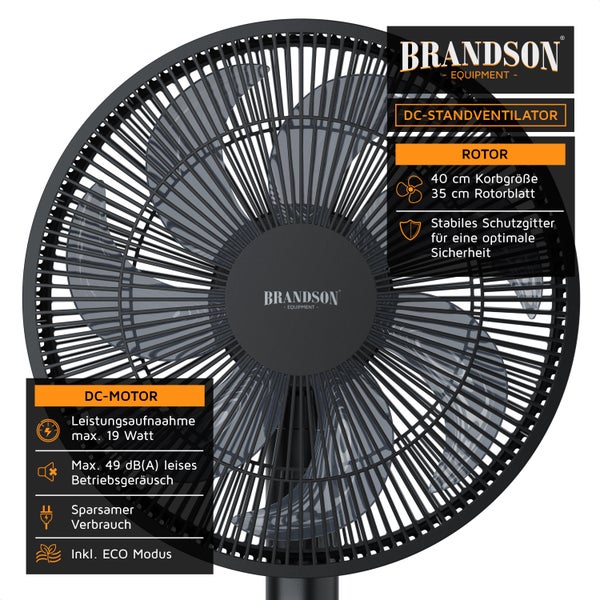 Brandson Standventilator mit DC-Motor, Ventilator mit Fernbedienung, sehr leise, energiesparend, 60°, 90° und 120° Oszillation, Timer