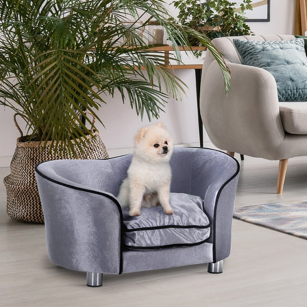 PawHut Hundesofa Luxus Haustiersofa mit Kissen Katzensofa erhöhtes Hundebett<br />Hundecouch Tierbett Plüsch Tannenholz Hellgrau 69 x 49 x 38 cm