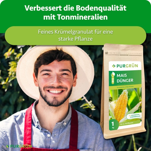 Ein fröhlicher Gärtner mit Hut neben einer Packung Purgrün Bio Maisdünger mit Tonmineralien und Magnesium für gesunde Pflanzen im Garten.
