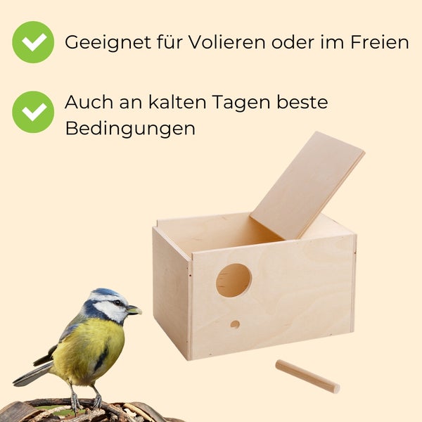 Vogelhaus aus Holz mit geöffnetem Deckel und Blaumeise