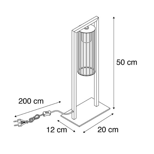 Abbildung einer Stehlampe mit Maßangaben: Höhe 50 cm, Lampenfuß 20x12 cm, Kabellänge 200 cm.