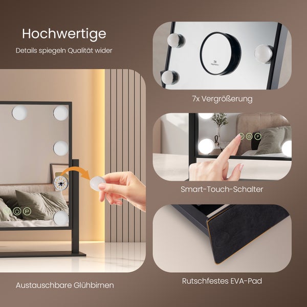 EMKE Hollywood Schminkspiegel mit Beleuchtung 30×41 cm, 12 dimmbare LEDs, 3 Lichtfarben, 360° drehbar, Speicherfunktion, Schwarz