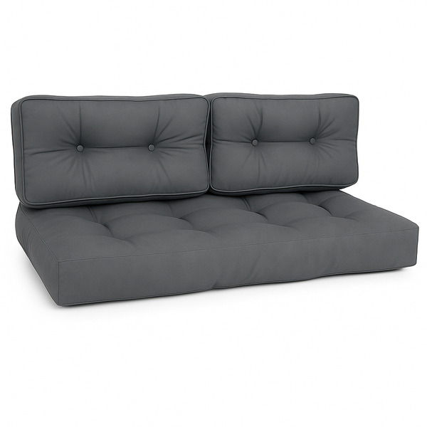 Dreiteiliges Palettenkissen-Set bestehend aus einem Sitzkissen und zwei Rückenkissen mit Knopfheftung in Grau.