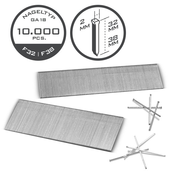 Stauchkopfnägel Typ GA 18, 10000 Stück, Längen 32 und 38 Millimeter, Kopfbreite 2 Millimeter.