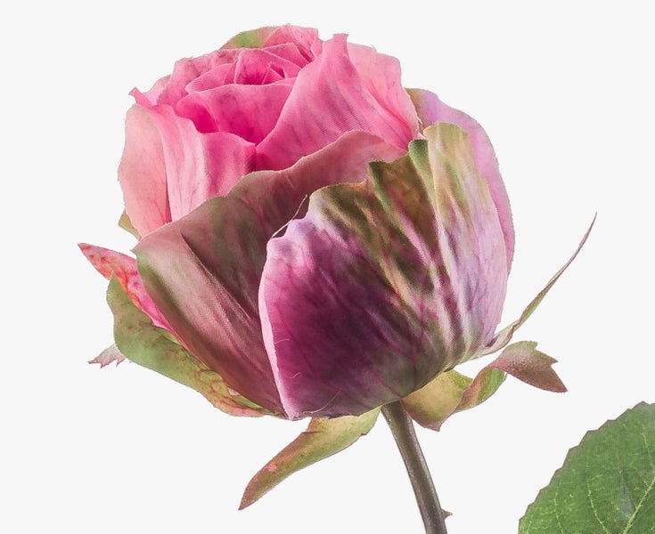 Künstliche Rose in Pink mit detaillierten Blütenblättern und grünem Stiel für die Innendekoration.