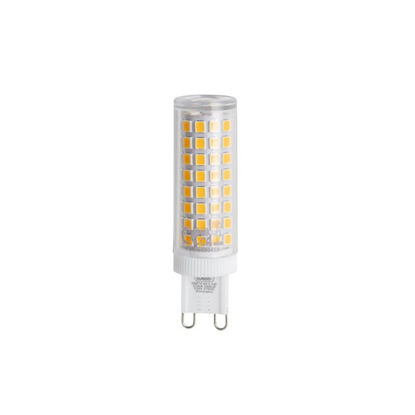 Dimmbares G9 LED Leuchtmittel, 5,5 Watt, 500 Lumen, warmweiß, Stiftsockellampe mit klarem Kunststoffgehäuse.
