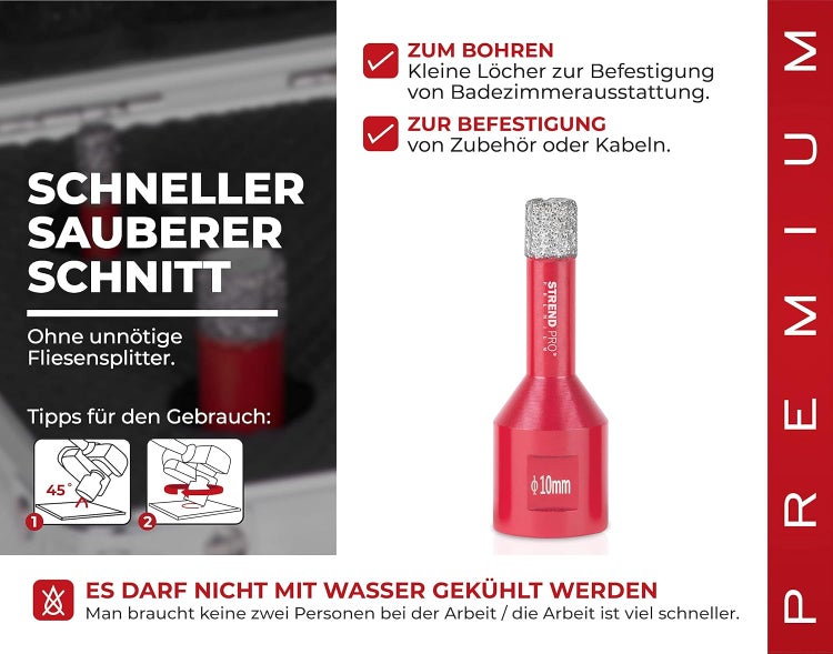 PROREGAL Diamant Bohrkronenaufsatz Premium Crystal 10 mm für Fliesen Glas Feinsteinzeug Keramik Granit Steinfliesen Winkelschleifer Flex M14