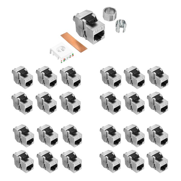 Set aus 24 geschirmten RJ45 Keystone Modulen Cat 6a aus Metall für die werkzeuglose Montage inklusive Einzelteilen.