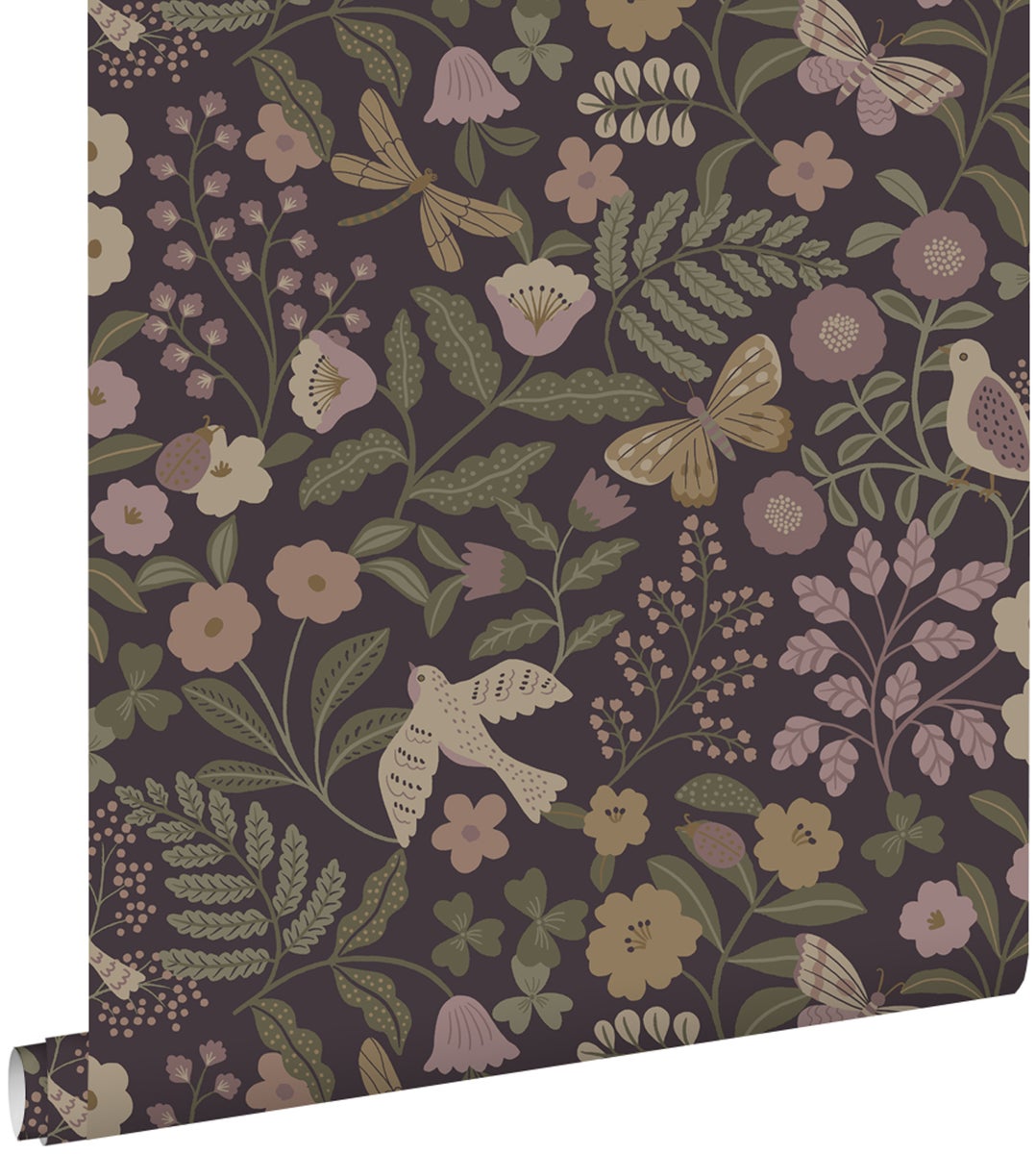 ESTAhome Tapete Blumen und Vögel Aubergineviolett, Olivgrün und Violett - 50 x 900 cm - 139871