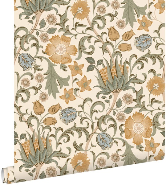 Tapete mit floralem Muster im Arts and Crafts Stil mit großen Blüten, Blättern und geschwungenen Ranken.
